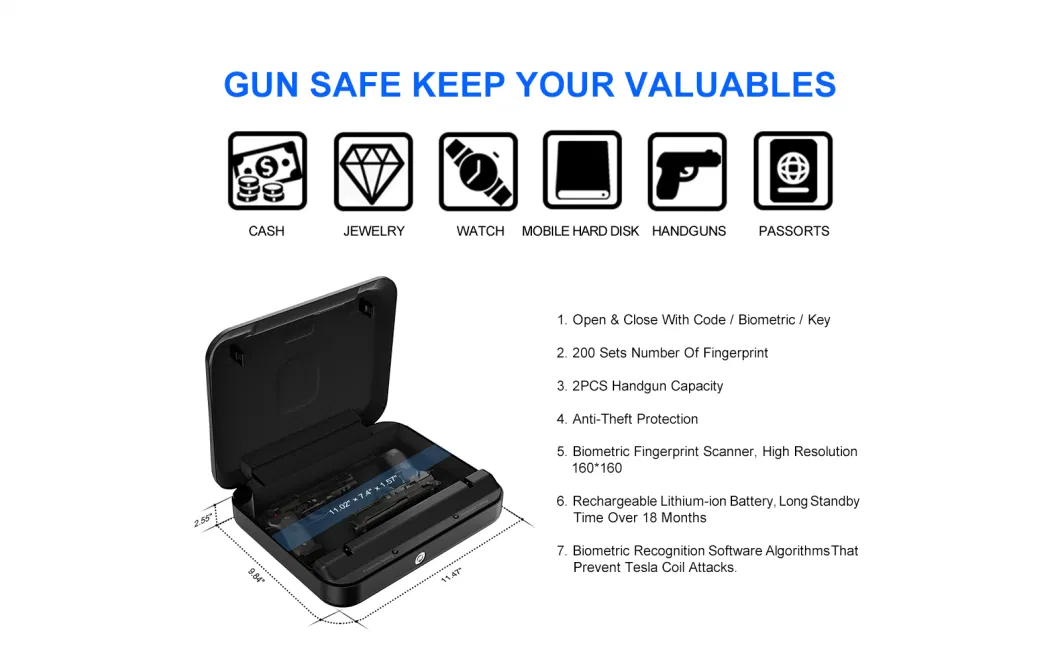 Portable Fingerprint Password Key and Mechanical Key for Unlocking Gun Safe Box