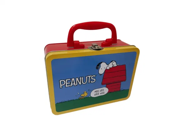 Rectangle Shape Suitcase Tin Box with Plastic Handle Custom Metal Lunch Box with Lock and Key Handle Tin Box