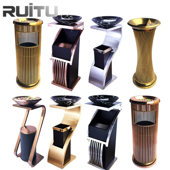 Stainless Steel Luxury Hotel Trash Can Bins Lobby Vertical Round Elevator Entrance KTV Corridor Ash with Marble Standing Hotel Room Gold Trash Can Bin